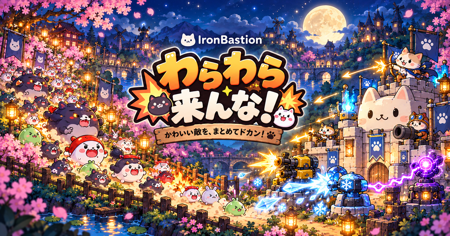 IronBastion: a cat fortress defends a moonlit town from a crowd of adorable invaders.